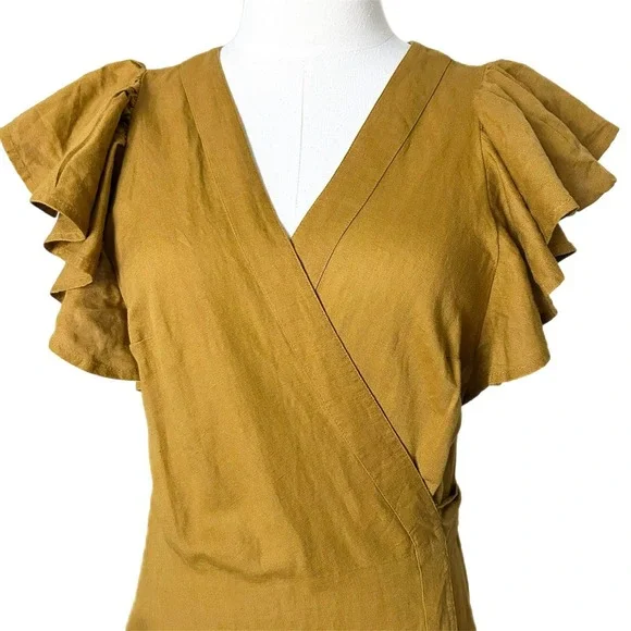 NEW Madewell Linen Blend Ruffle Sleeve Wrap Midi Dress Antique Gold NF934 Small - Picture 3 of 8